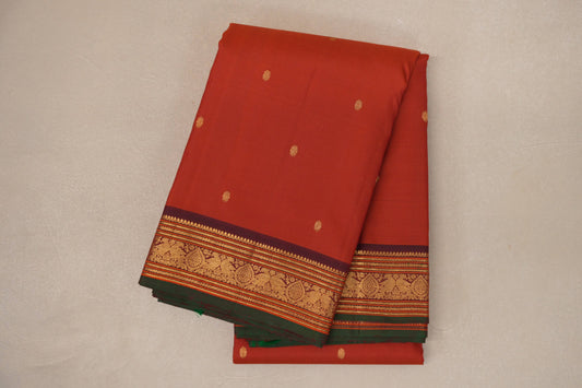 Rust Orange with Deep Maroon Borders and Dark Green Selvedge Vintage Kanjivaram Silk Saree SS9086