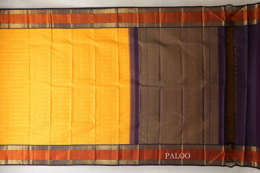 Mango Yellow with Deep Plum with Orange Rettai Pettu Borders Vintage Kanjivaram Silk Saree paloo