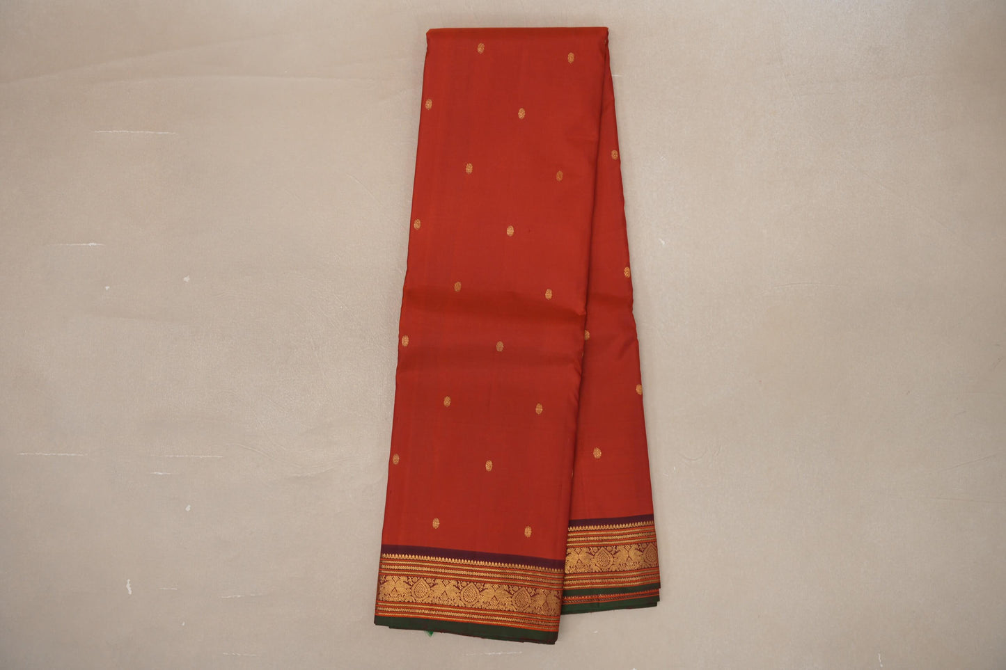 Rust Orange with Deep Maroon Borders and Dark Green Selvedge Vintage Kanjivaram Silk Saree SS9086