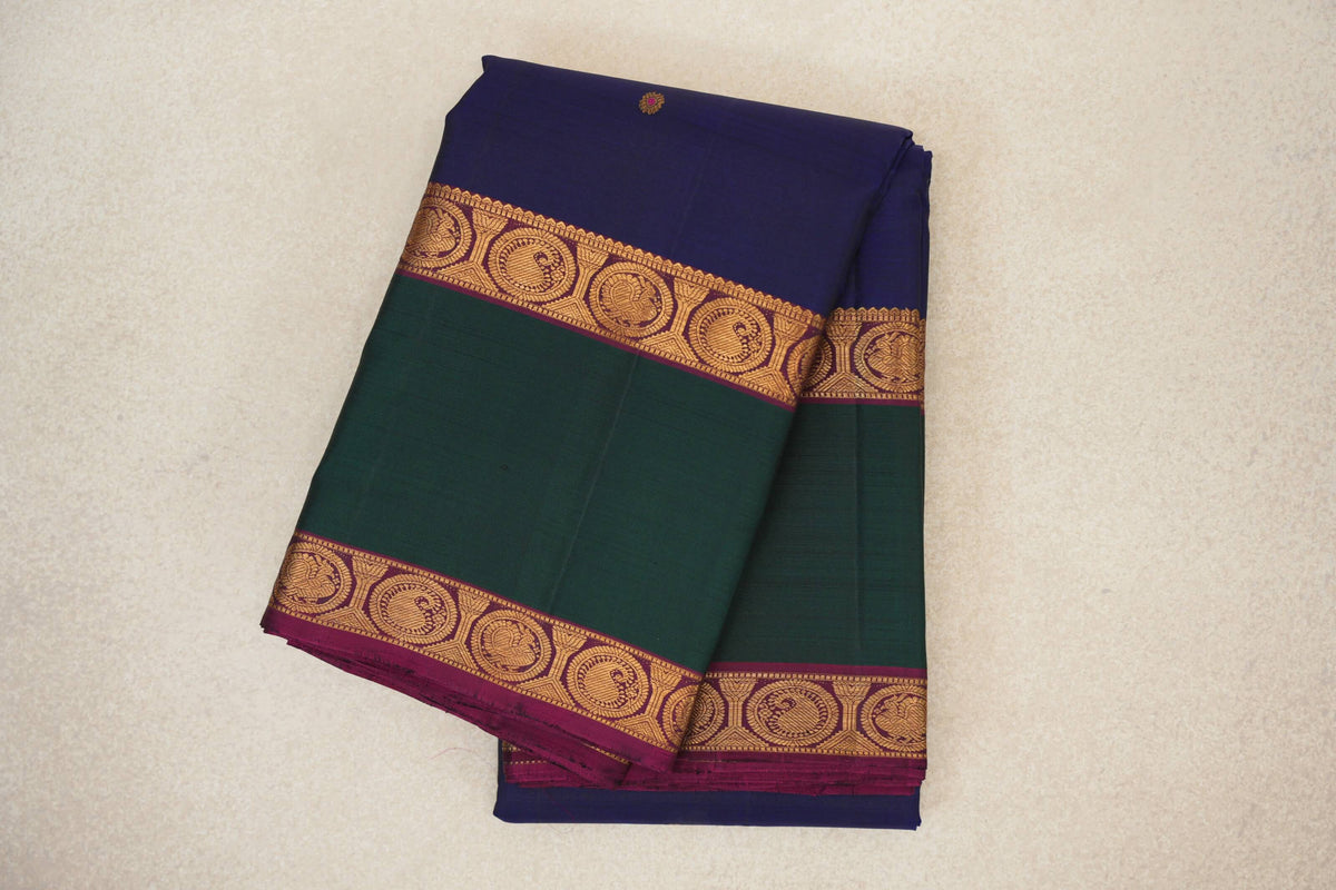 Deep Blue with Deep Magenta with Green Rettai Pettu Borders Vintage Kanjivaram Silk Saree