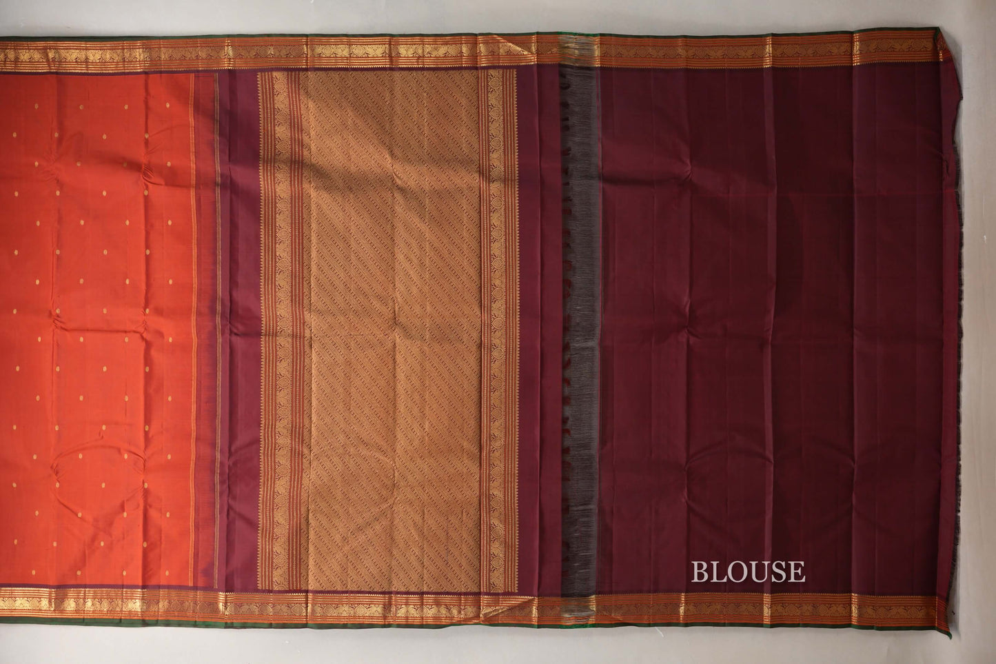 Rust Orange with Deep Maroon Borders and Dark Green Selvedge Vintage Kanjivaram Silk Saree SS9086