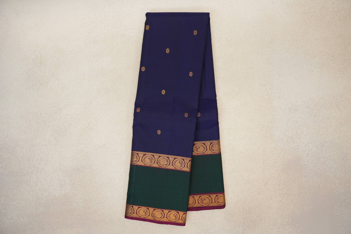 Online Deep Blue with Deep Magenta with Green Rettai Pettu Borders Vintage Kanjivaram Silk Saree