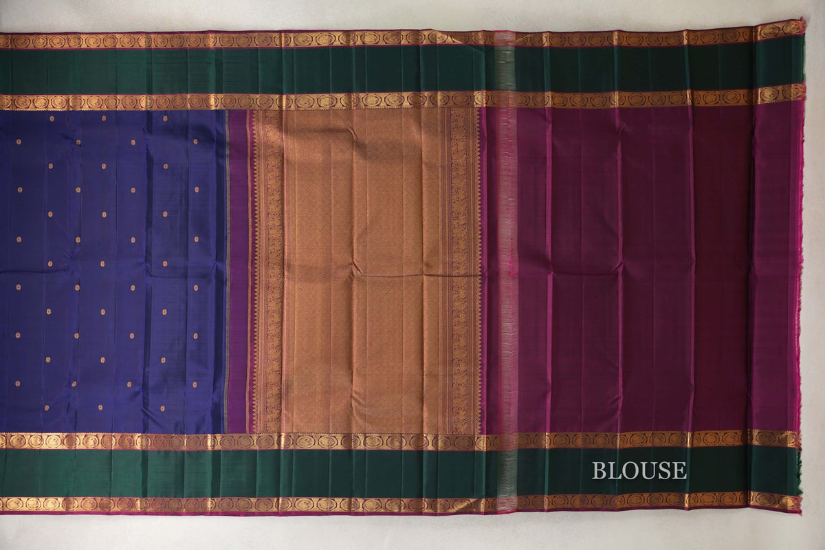Deep Blue with Deep Magenta with Green Rettai Pettu Borders Vintage Kanjivaram Silk Saree blouse