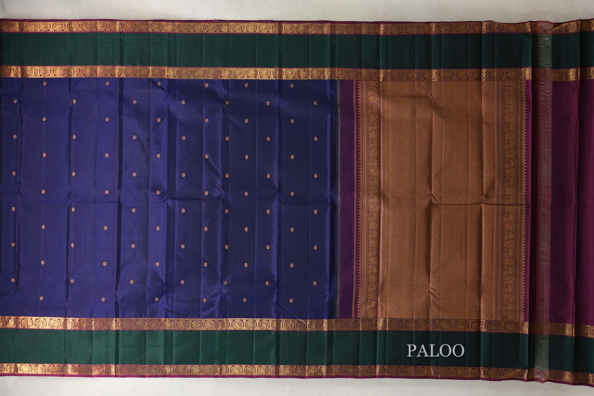 Deep Blue with Deep Magenta with Green Rettai Pettu Borders Vintage Kanjivaram Silk Saree paloo