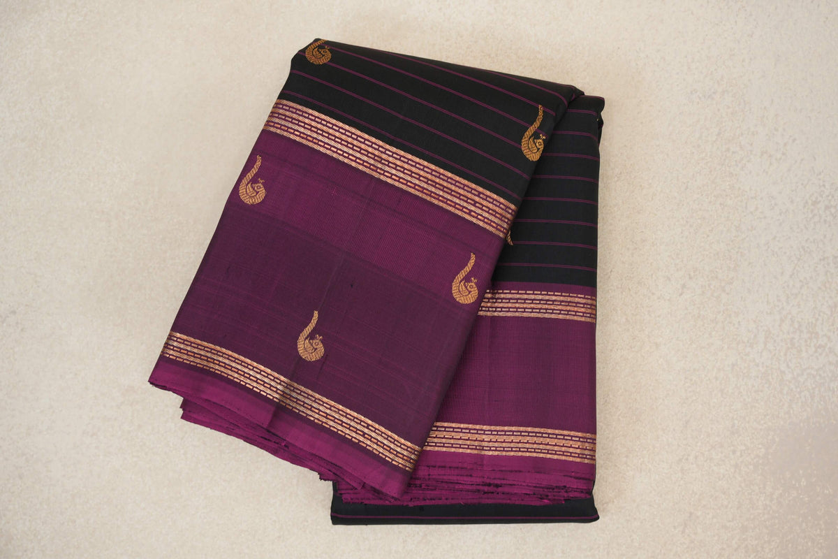 Black with Deep Magenta Rettai Pettu Borders Vintage Kanjivaram Silk Saree