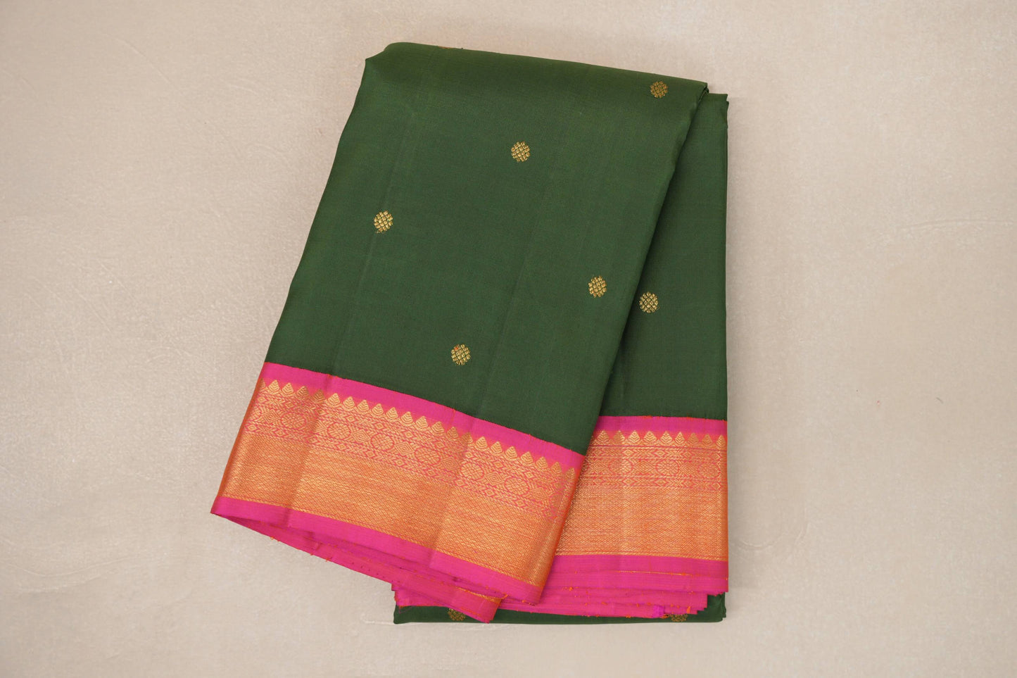 Dark Moss Green with Bright Pink Borders Vintage Kanjivaram Silk Saree SS9088
