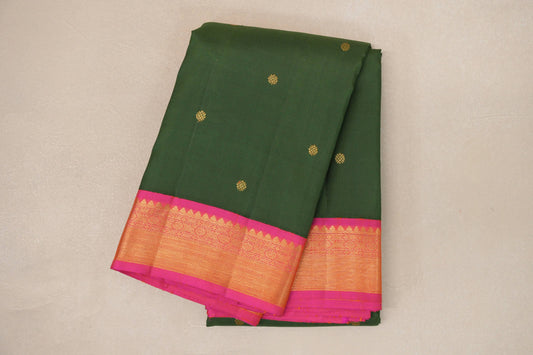 Dark Moss Green with Bright Pink Borders Vintage Kanjivaram Silk Saree SS9088