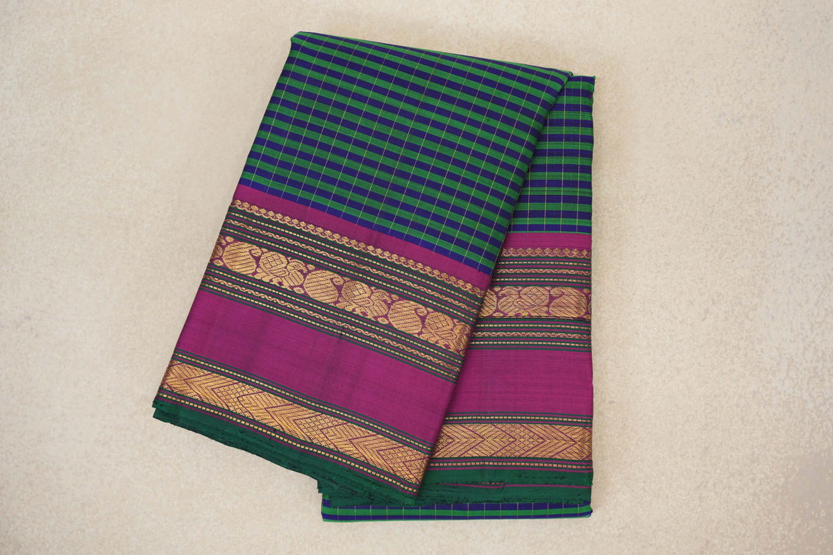 Deep Blue with Green Stripes with Deep Magenta with Green Selvedge Rettai Pettu Borders Vintage Kanjivaram Silk Saree