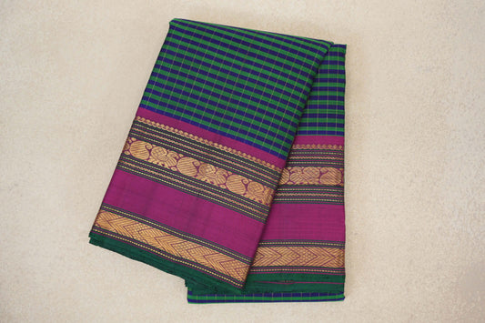 Deep Blue with Green Stripes with Deep Magenta with Green Selvedge Rettai Pettu Borders Vintage Kanjivaram Silk Saree