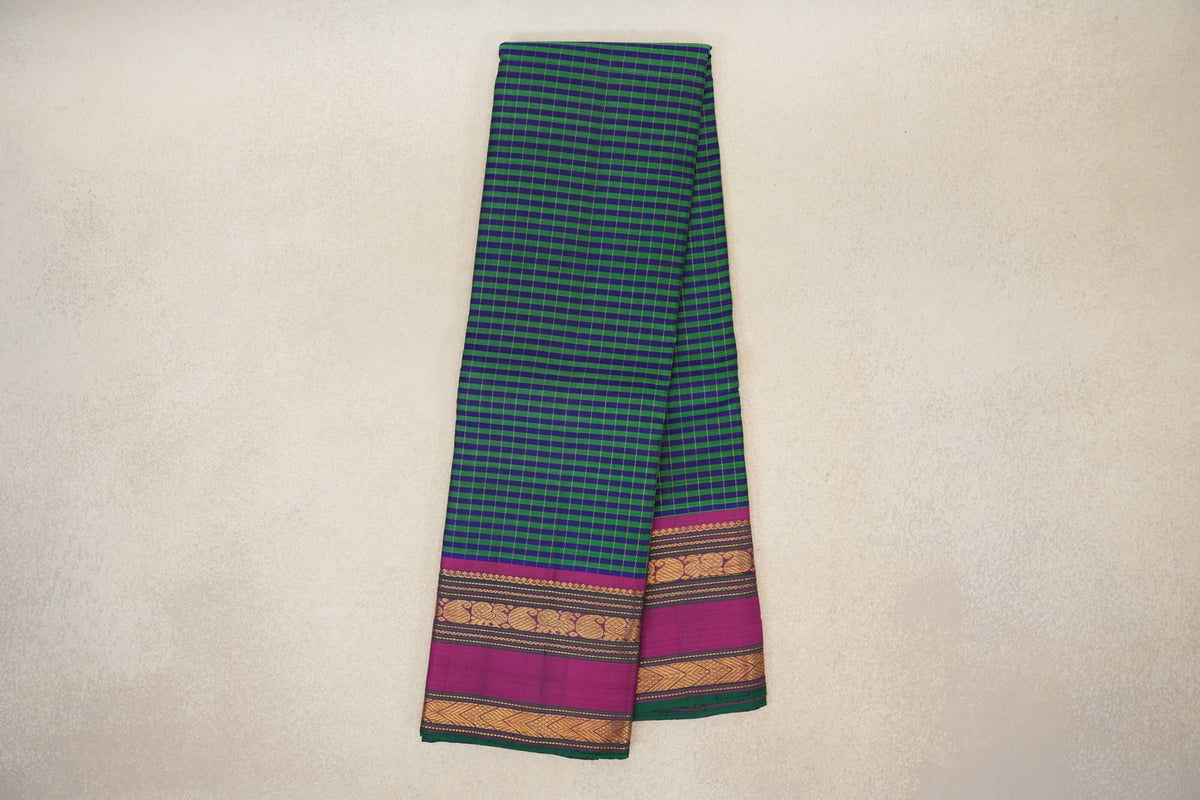 Online Deep Blue with Green Stripes with Deep Magenta with Green Selvedge Rettai Pettu Borders Vintage Kanjivaram Silk Saree