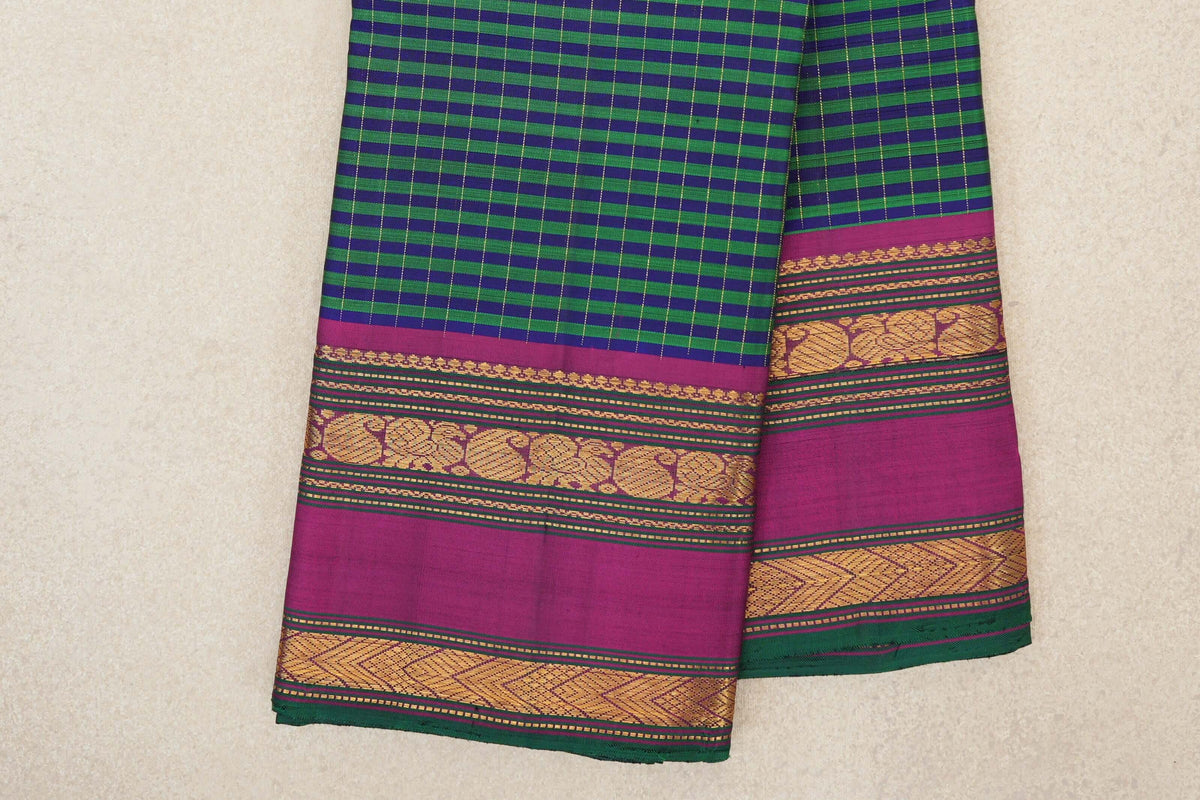 Deep Blue with Green Stripes Vintage Kanjivaram Silk Saree border