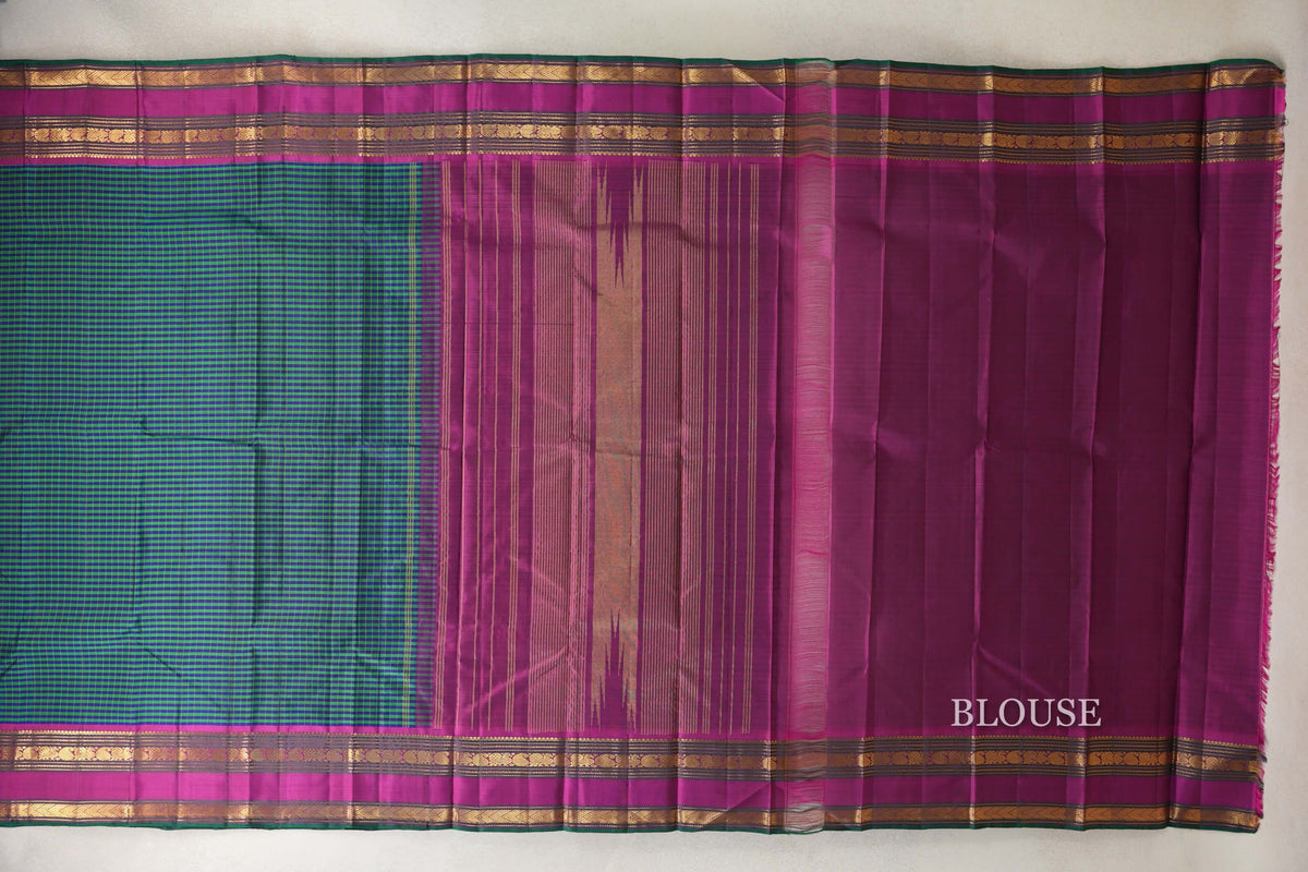 Deep Blue with Green Stripes with Deep Magenta with Green Selvedge Rettai Pettu Borders Vintage Kanjivaram Silk Saree blouse
