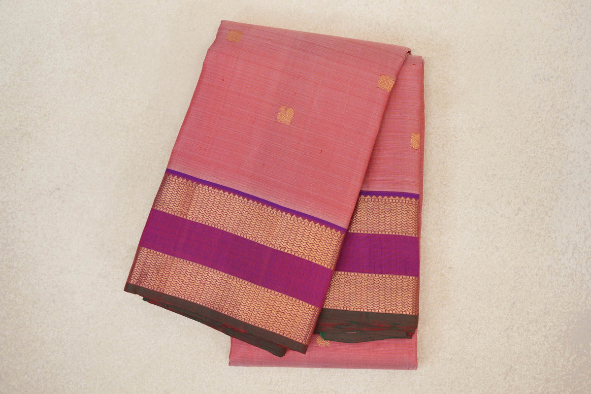 Salmon Pink with Dual Tone of Violet and Orange with Dark Green Selvedge Rettai Pettu Borders Vintage Kanjivaram Silk Saree