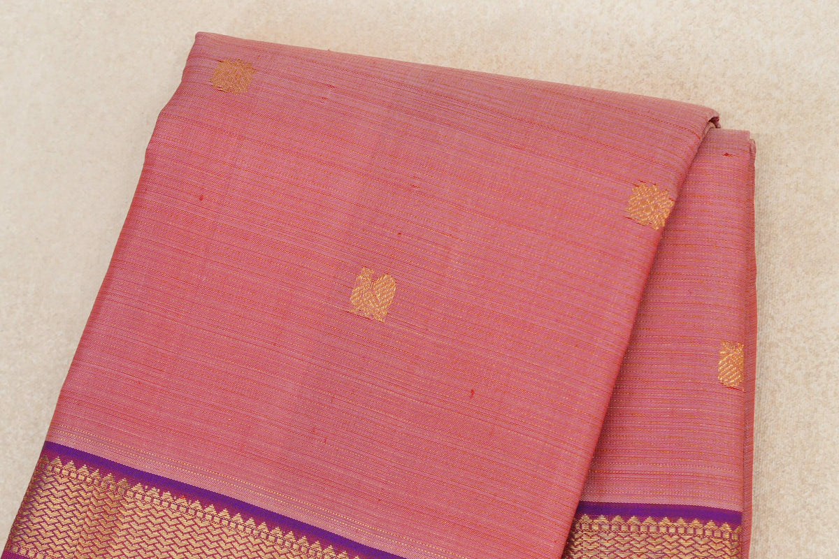 Salmon Pink with Dual Tone of Violet and Orange with Dark Green Selvedge Rettai Pettu Borders Vintage Kanjivaram Silk Saree body