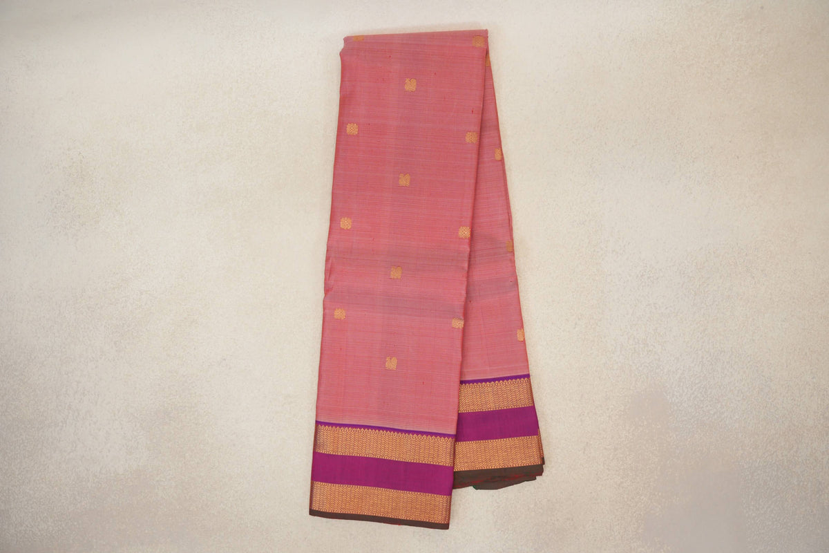 Online Salmon Pink with Dual Tone of Violet and Orange with Dark Green Selvedge Rettai Pettu Borders Vintage Kanjivaram Silk Saree