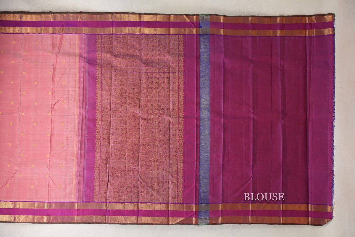 Salmon Pink with Dual Tone of Violet and Orange with Dark Green Selvedge Rettai Pettu Borders Vintage Kanjivaram Silk Saree blouse