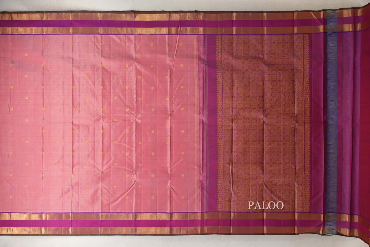 Salmon Pink with Dual Tone of Violet and Orange with Dark Green Selvedge Rettai Pettu Borders Vintage Kanjivaram Silk Saree paloo