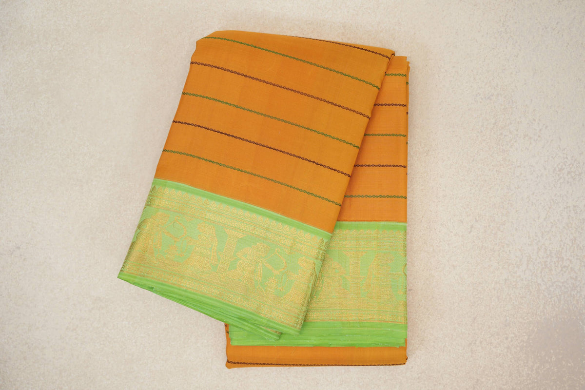 Mango Yellow with Pastel Green Borders Vintage Kanjivaram Silk Saree