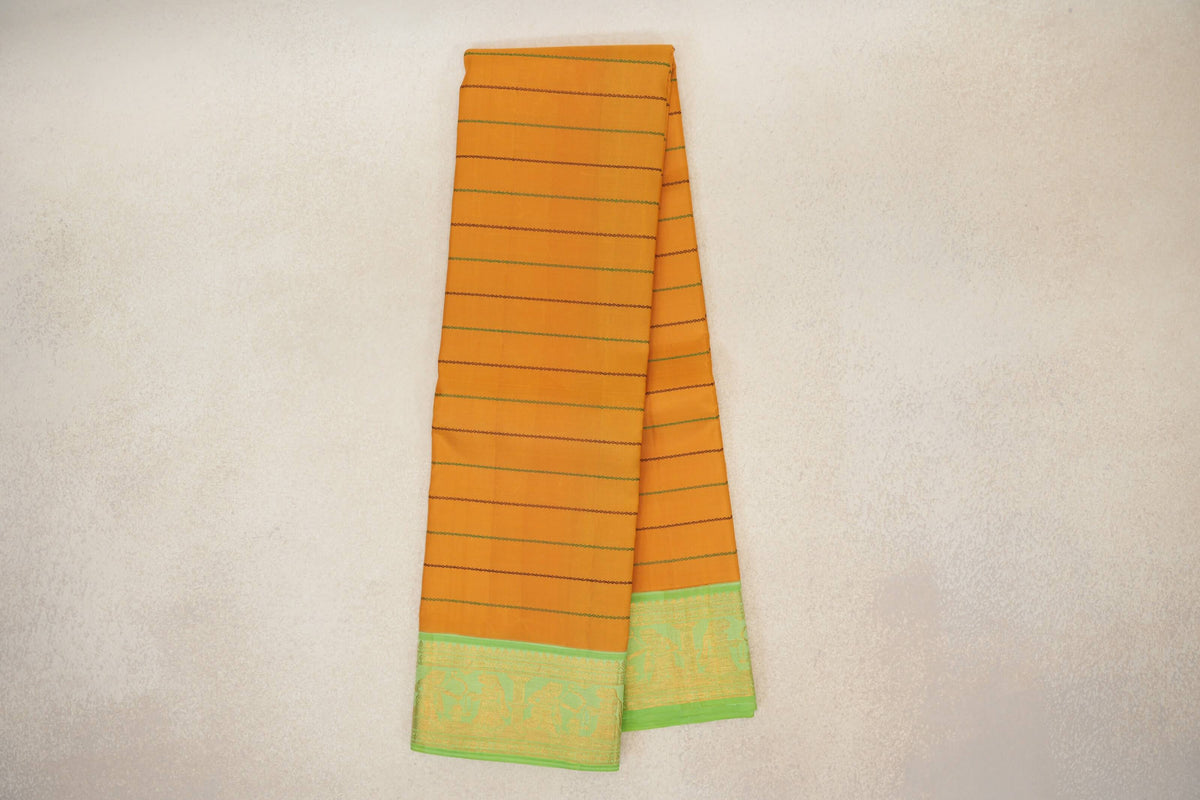 Online Mango Yellow with Pastel Green Borders Vintage Kanjivaram Silk Saree