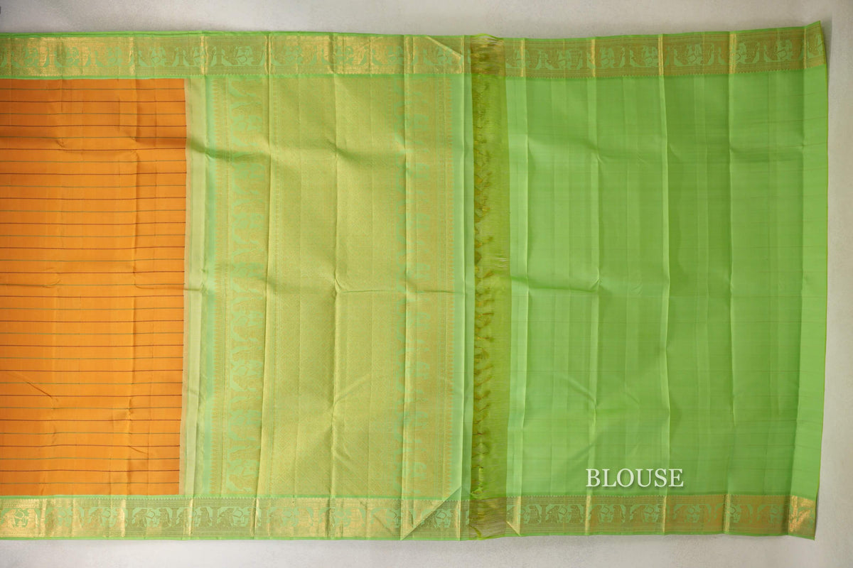 Mango Yellow with Pastel Green Borders Vintage Kanjivaram Silk Saree blouse