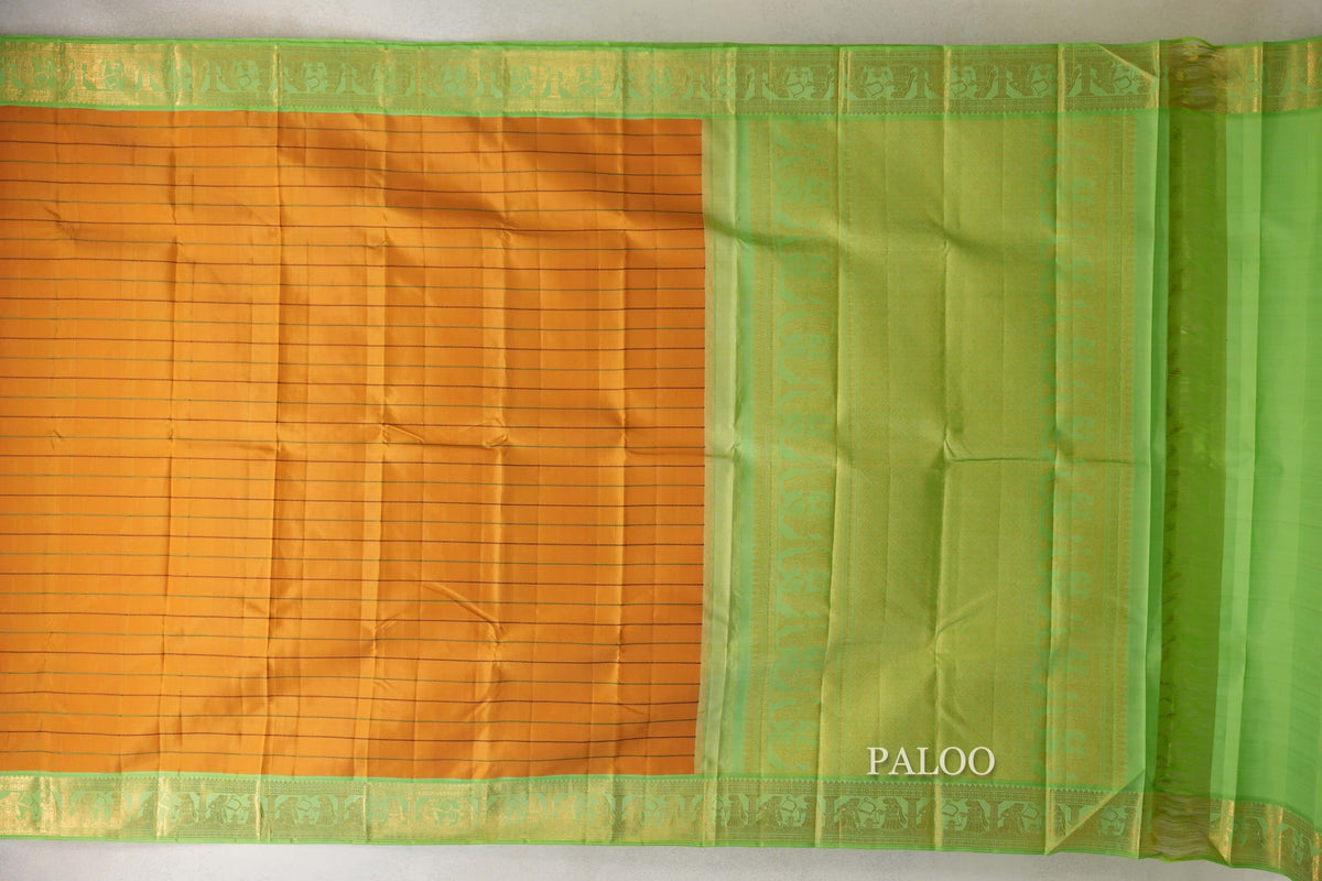 Mango Yellow with Pastel Green Borders Vintage Kanjivaram Silk Saree paloo