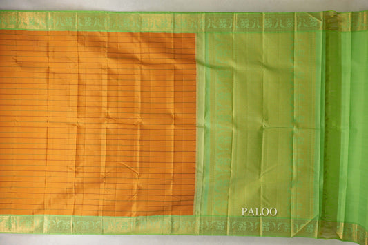 Mango Yellow with Pastel Green Borders Vintage Kanjivaram Silk Saree paloo