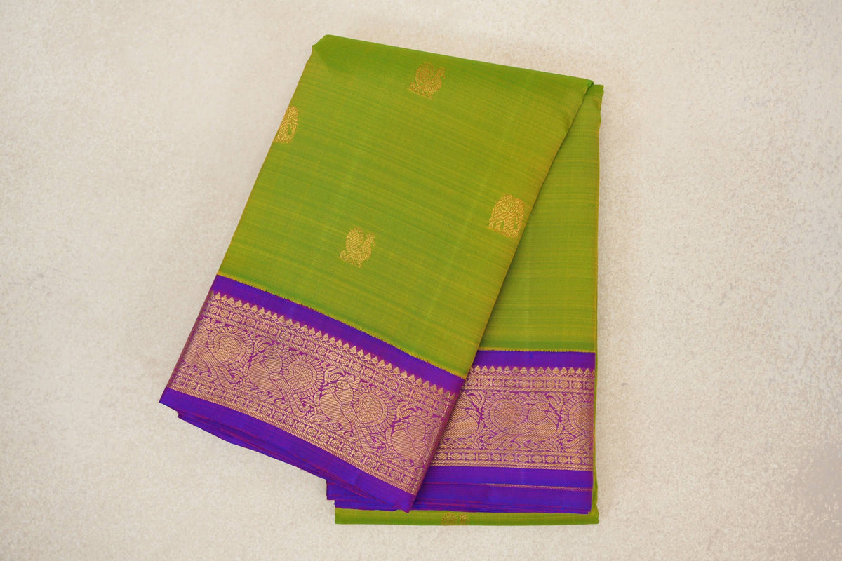 Dual Tone of Yellow and Green with Royal Purple Borders Vintage Kanjivaram Silk Saree