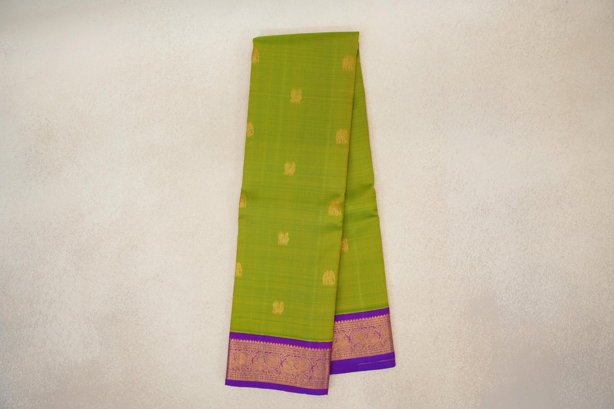 Online Dual Tone of Yellow and Green with Royal Purple Borders Vintage Kanjivaram Silk Saree