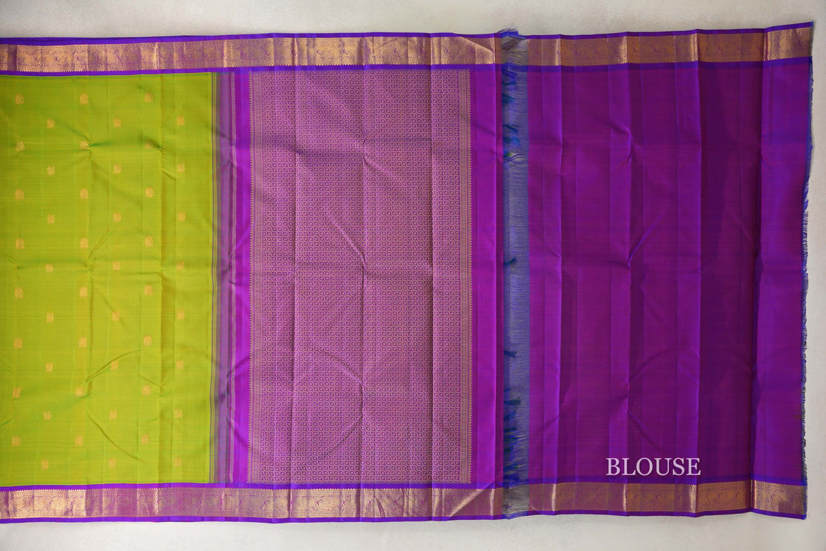 Dual Tone of Yellow and Green with Royal Purple Borders Vintage Kanjivaram Silk Saree blouse