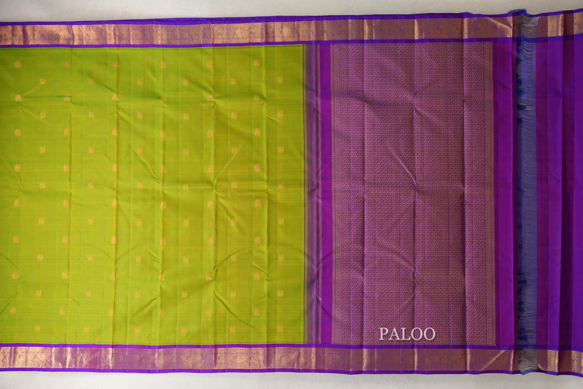 Dual Tone of Yellow and Green with Royal Purple Borders Vintage Kanjivaram Silk Saree paloo