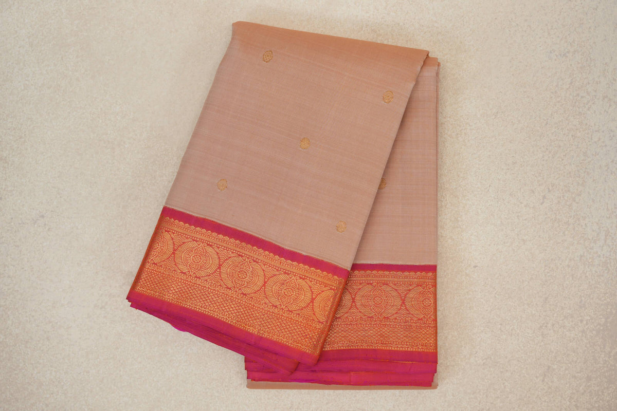 Sandal Beige with Orangish Pink Borders Vintage Kanjivaram Silk Saree