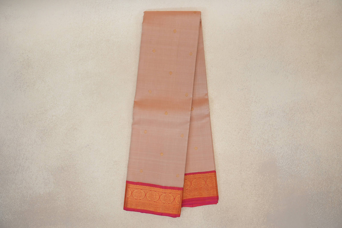 Online Sandal Beige with Orangish Pink Borders Vintage Kanjivaram Silk Saree