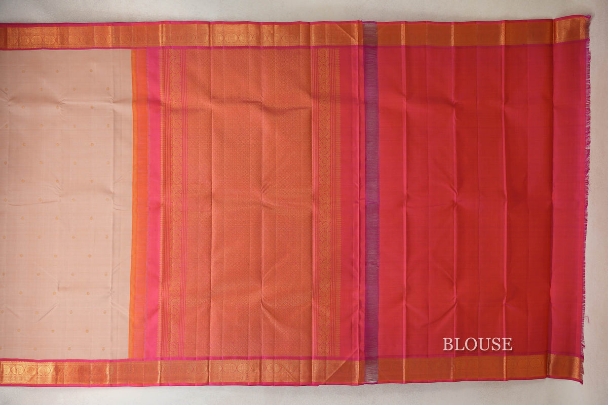 Sandal Beige with Orangish Pink Borders Vintage Kanjivaram Silk Saree blouse