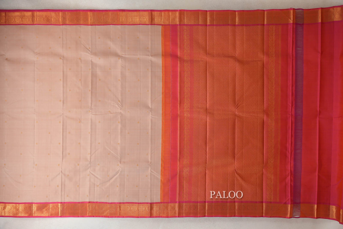 Sandal Beige with Orangish Pink Borders Vintage Kanjivaram Silk Saree paloo