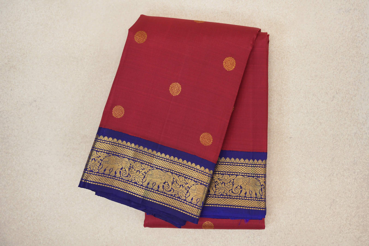 Crimson Red with Deep Blue Borders Vintage Kanjivaram Silk Saree