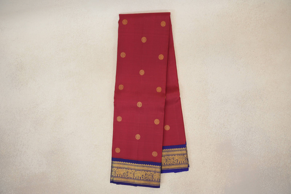 Online Crimson Red with Deep Blue Borders Vintage Kanjivaram Silk Saree
