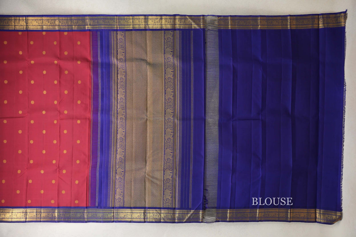 Crimson Red with Deep Blue Borders Vintage Kanjivaram Silk Saree blouse