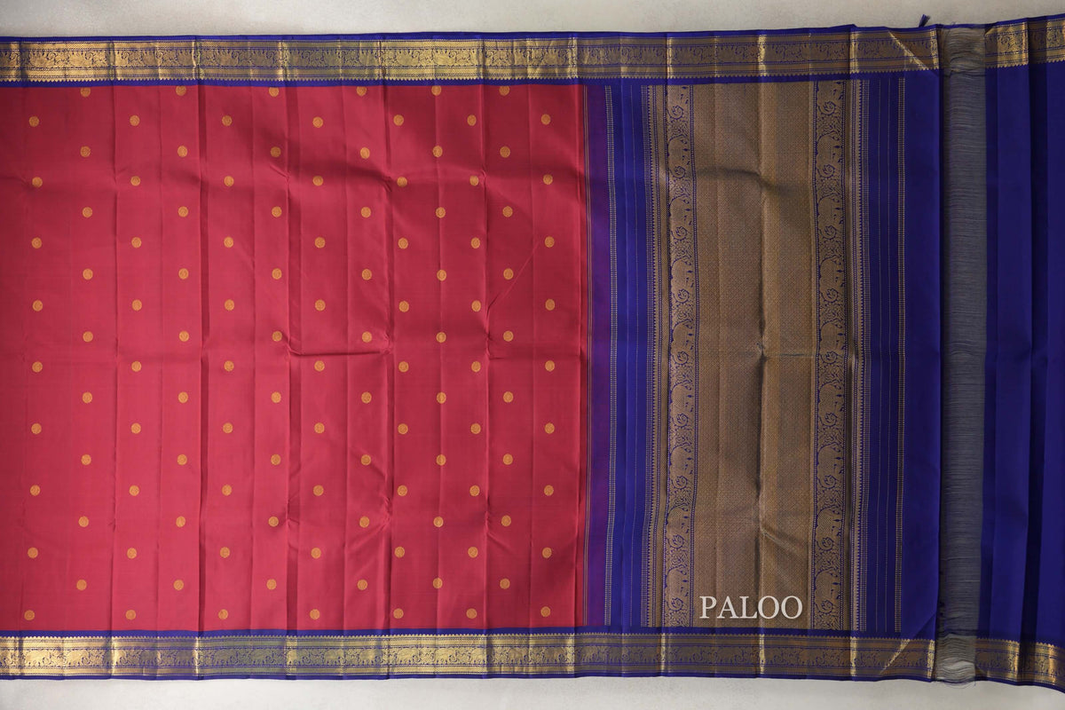 Crimson Red with Deep Blue Borders Vintage Kanjivaram Silk Saree paloo