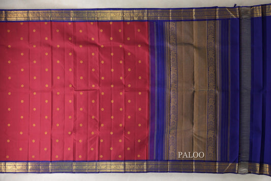 Crimson Red with Deep Blue Borders Vintage Kanjivaram Silk Saree paloo
