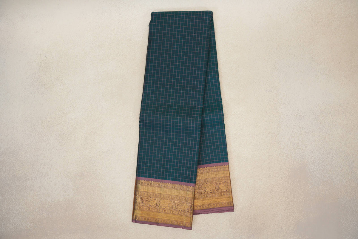 Online Peacock Green with Dusty Mauve Borders Vintage Kanjivaram Silk Saree