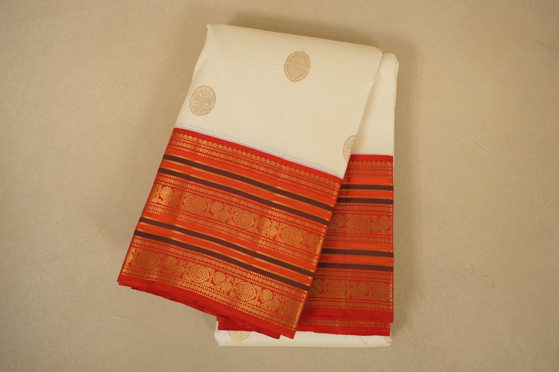 Off white folded vintage kanjivaram silk saree