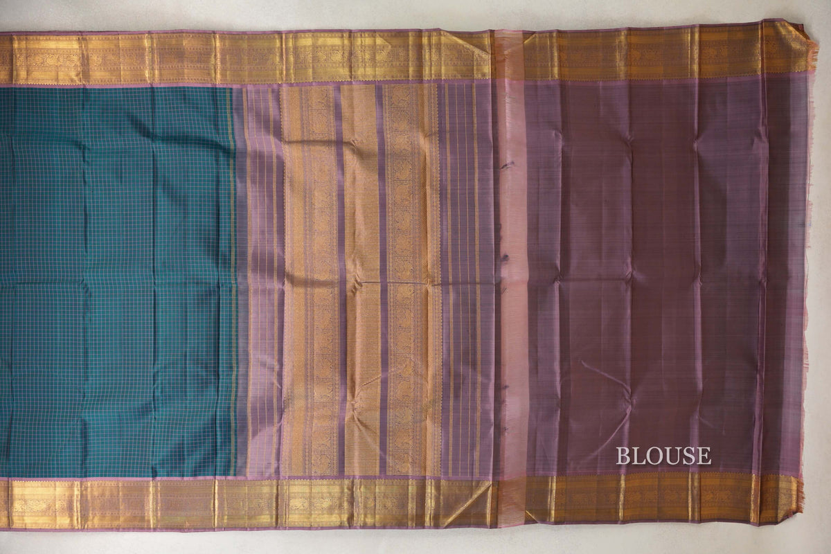 Peacock Green with Dusty Mauve Borders Vintage Kanjivaram Silk Saree blouse
