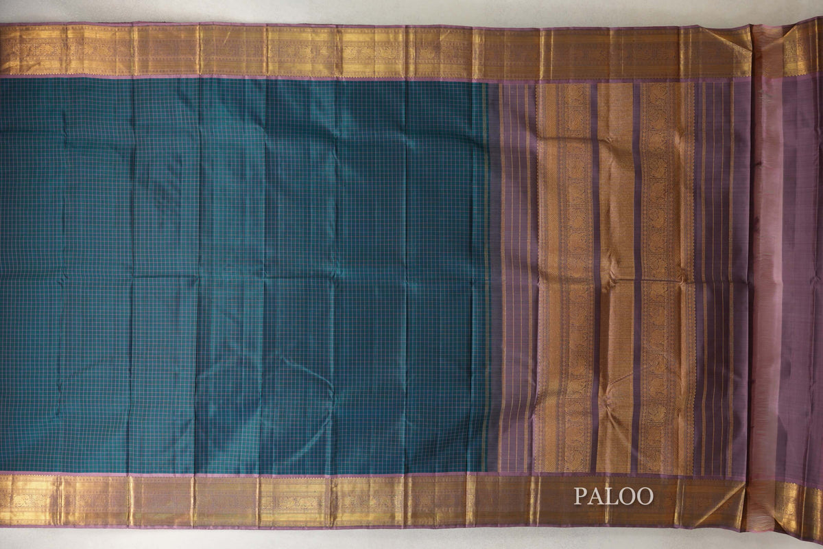 Peacock Green with Dusty Mauve Borders Vintage Kanjivaram Silk Saree paloo