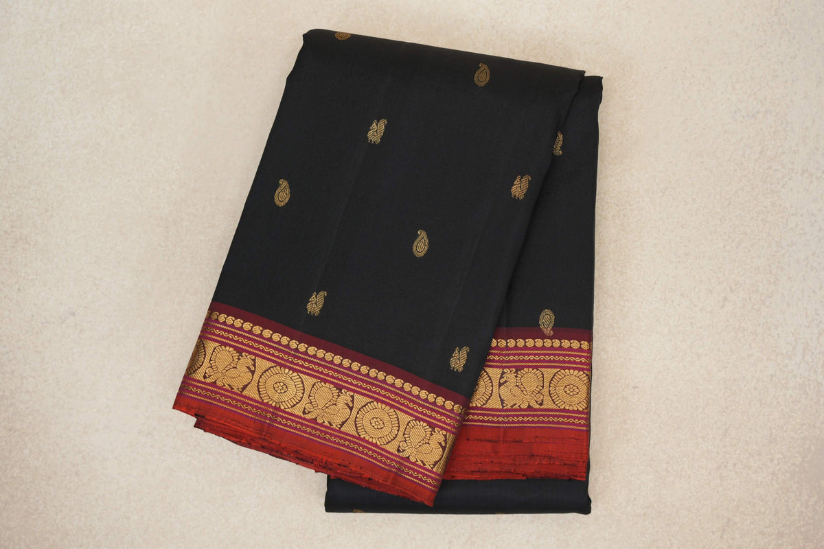 Black with Deep Maroon with Deep Orange Selvedge Borders Vintage Kanjivaram Silk Saree