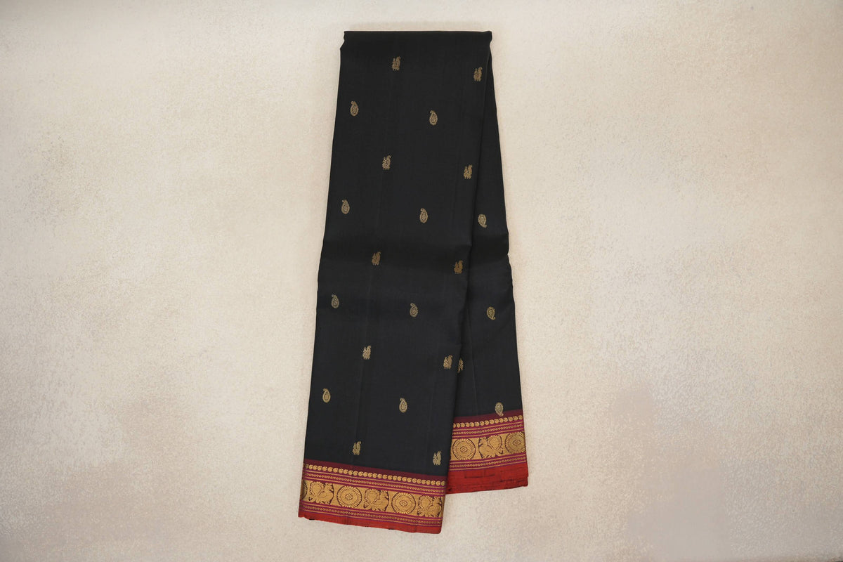 Online Black with Deep Maroon with Deep Orange Selvedge Borders Vintage Kanjivaram Silk Saree