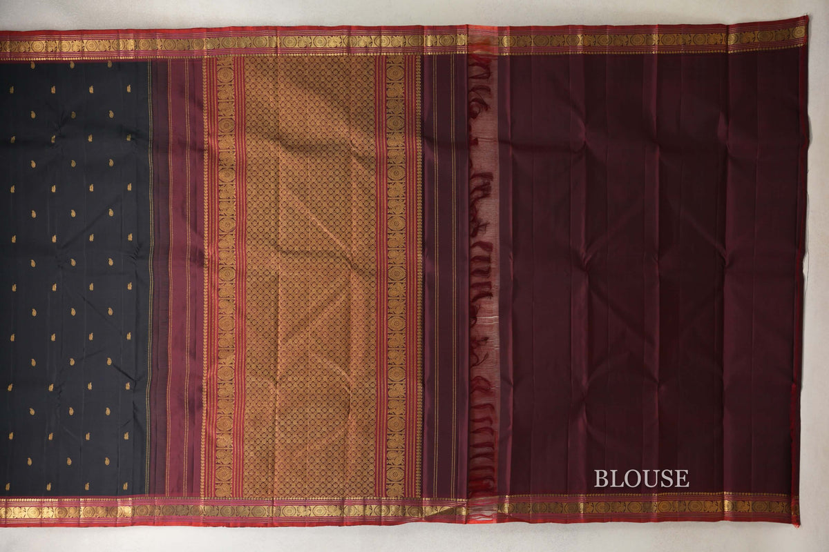Black with Deep Maroon with Deep Orange Selvedge Borders Vintage Kanjivaram Silk Saree blouse