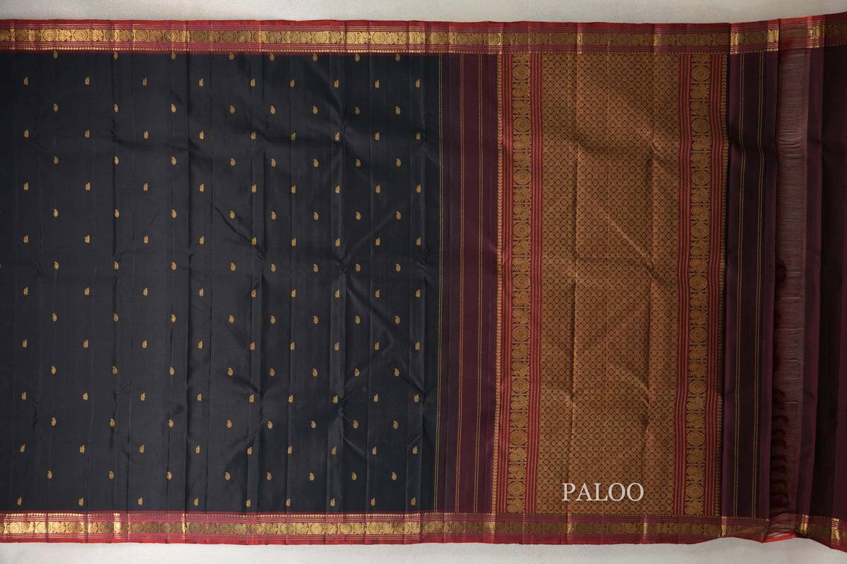Black with Deep Maroon with Deep Orange Selvedge Borders Vintage Kanjivaram Silk Saree paloo