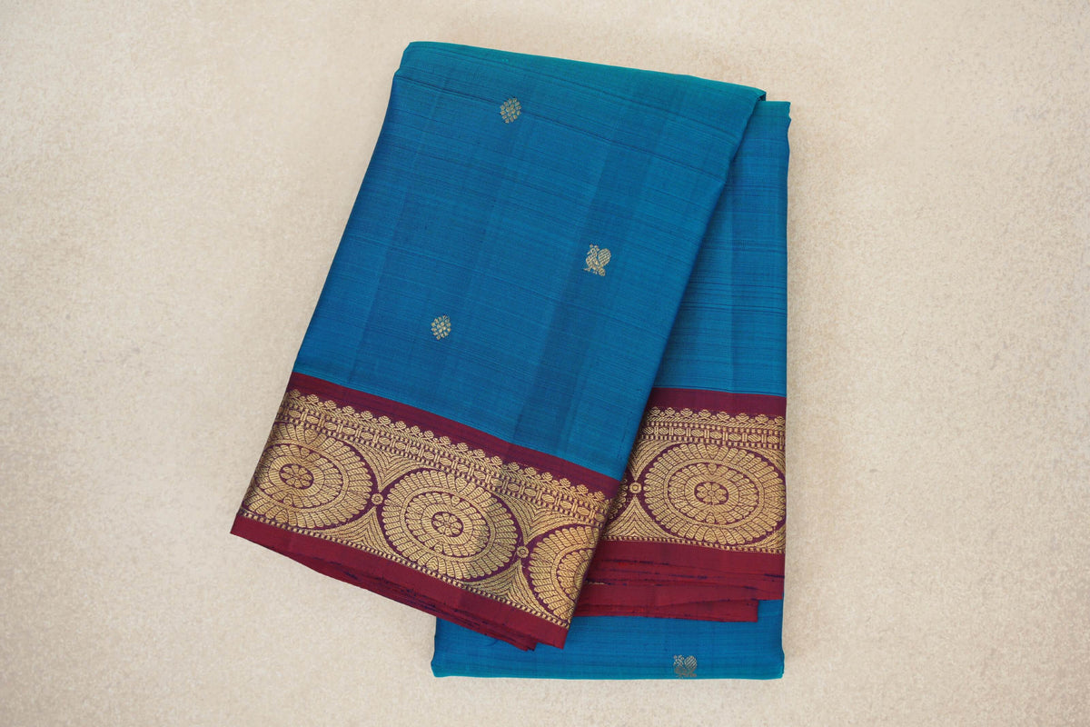Azure Blue with Wine Red Borders Vintage Kanjivaram Silk Saree