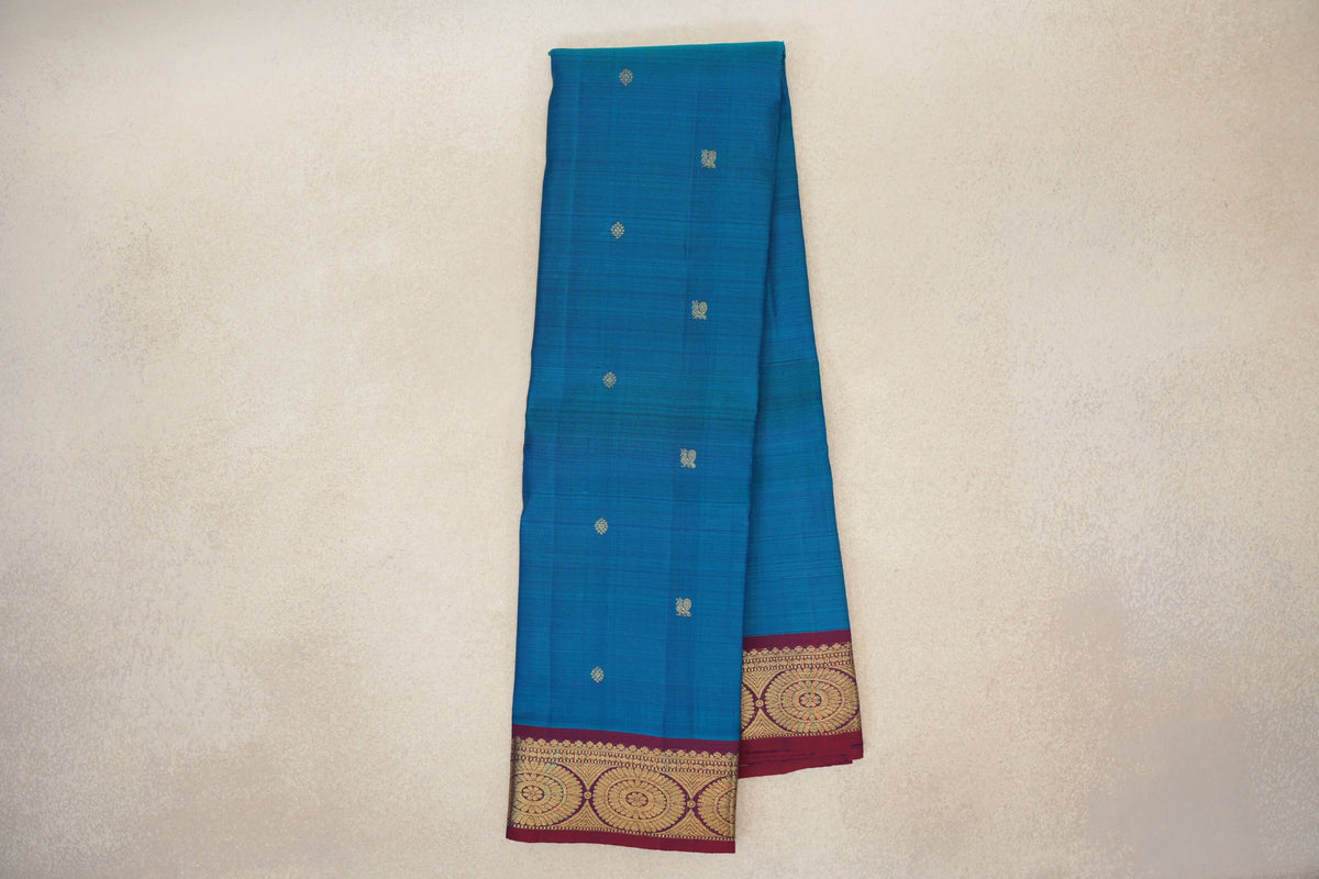 Online Azure Blue with Wine Red Borders Vintage Kanjivaram Silk Saree