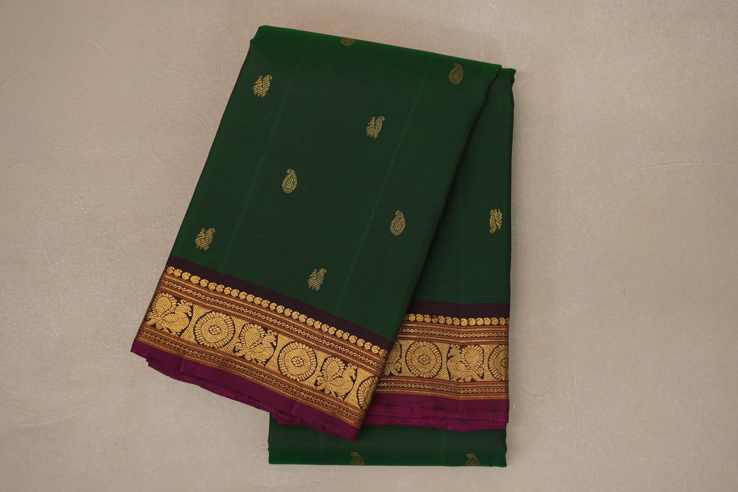 Leaf green with Deep Plum borders Vintage Kanjivaram Silk Saree SS9097